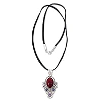 NOVICA Handmade Carnelian Opal Pendant Necklace Floral with Amethyst .925 Sterling Silver Multicolor Purple Red Blue Cord Indonesia Aurora Marsala Birthstone 'Floral Paradise'