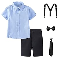 Boys 5pcs Uniform Suit Slim Fit White Shirt + Pants + Tie + Bowtie + Elastic Suspenders School Formal Clothing Set