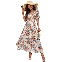 Women Summer Bohemian Floral Print Short Sleeve Maxi Dress Vintage A-Line V-Neck Party Dresses
