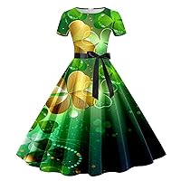 XJYIOEWT Plus Size Dresses for Curvy Women Party,Women St Pa Day Print Short Sleeve 1950s Housewife Evening Party Prom D