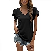 Women's Blouses Spring and Summer V-Neck T Shirt Chiffon Solid Color Casual Loose Pleated Short Shirt, S-3XL