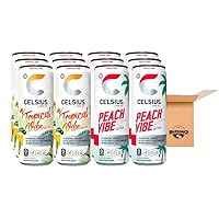 Celsius Sparkling Energy Drink Peach & Tropical Vibe | No Sugar or Preservatives | 12 fl oz, Slim Cans - Variety Pack (12 Pack)