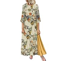 Summer Maxi Dresses for Women Cotton Linen Long Sleeve Bohemian Floral Dress Plus Size Fashion Hawaiian Flowy Dress