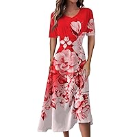 Summer Dresses for Women Floral Printed Swing Long Dress Flowy V Neck Waist Maxi Dress Trendy Short Sleeve Dress