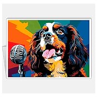 Assortment All Occasion Greeting Cards, Matte White, Dogs Singing Pop Art, (8 Cards) Size A6 105 x 148 mm 4.1 x 5.8 in #1 (Cavalier King Charles Spaniel Dog Singing 1)