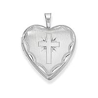 Sterling Silver 20mm Satin and D/c Cross Heart Locket Necklace
