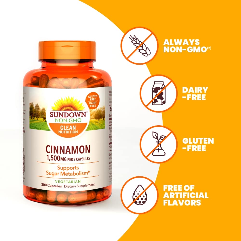 Sundown Cinnamon Capsules, Supports Sugar Metabolism, Non-GMO, Gluten-Free, Dairy-Free, 200 Ct