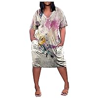 Plus Size Dress Womens Fashion Short Sleeve Summer Knee Trendy V-Neck Ladies Pocket 2024 Printed Loose Dress