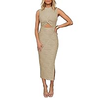 Pink Queen Sexy Sleeveless Cutout Bodycon Dress for Women 2024 Crewneck Twist Ruched Fitted Slit Knit Cocktail Party Outfits