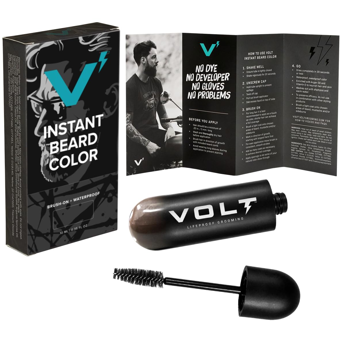 VOLT Grooming Instant Beard Color Single Pack - Smudge and Water Resistant Quick Drying Brush on Color for Beards, Mustaches, and Eyebrows - 0.35 Fl Oz (10 ml), Ebony (Brown/Black)