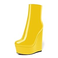 Womens Zip Patent Party Platform Round Toe Fashion Wedge High Heel Ankle High Boots 6 Inch