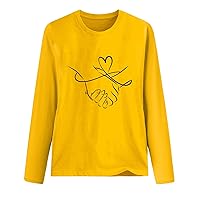 Valentines Day Tshirt for Women Funny Couple Handshake Graphic Tees Tops Casual Long Sleeve Crewneck Fashion Bloues