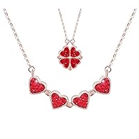 Four Leaf Clover Necklace for Women Red Leaf Heart Shaped Pendant Necklaces Heart Magnet Necklace Valentines Jewelry Gifts for Girlfriend