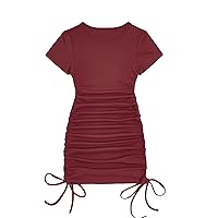 Milumia Women's Casual Rib Knit Short Sleeve Drawstring Ruched Bodycon Mini T Shirt Dress