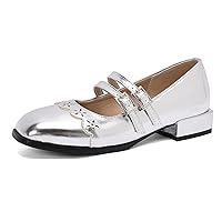 Women Mary Jane Flats Metallic Slip on Low Heels Comfortable Square Toe Ballet Flat Shoes Double Strap Dress Shoes