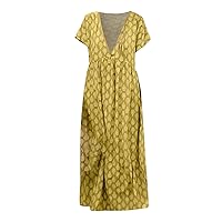 Women's Print Short Sleeve V Neck Casual Ankle Length Dress Summer Long Dress Women's Summer Dresses
