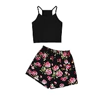 Floerns Girls 2 Piece Outfit Rib Knit Cami Top and Floral Print Shorts Set