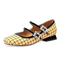 Women Mary Jane Flats Strappy Block Low Heel Pumps Rhinestones Buckle Double Straps Square Toe Walking Shoes