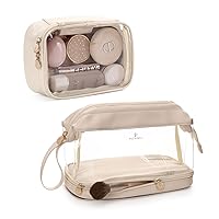 Pocmimut Small Makeup Bag,Clear Travel Makeup Bags Double Layer Cosmetic Bag, Leather Travel Toiletry Bag for Women Bundle(White)