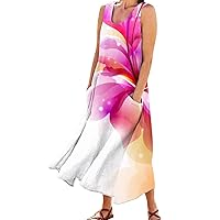 Women Sun Dresses 2024 Casual Long Summer Boho Sleeveless Dress with Pockets Gradient Loose Fit Plus Size Maxi Dress