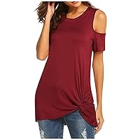 Women Twist Knot Side Cold Shoulder Tunic Tops Summer Crewneck Short Sleeve Trendy Casual Loose Fit Solid T-Shirts