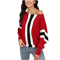 TUNUSKAT Womens Fall Batwing Sweater Pullover 2022 Fashion Color Block Ribbed Knit Tops Dolman Long Sleeve Boat Neck Blouse