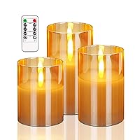 LED Flameless Candles, Gold Glass Battery Operated Candles Flickering with Remote, 3D Wick Realistic Warm Light LED Candles Flickering with Timer for Wedding Party Christmas Decoration