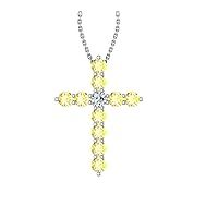 14k White Gold timeless cross pendant set with 10 yellow sapphires (1/4ct, AA Quality) encompassing 1 round white diamond, (.055ct, H-I Color, I1 Clarity), suspended on a 18