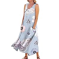 Womens Spring Dresses 2024 Casual Comfortable Floral Print Sleeveless Cotton Pocket Dress