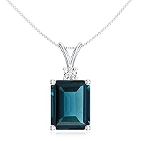 Natural London Blue Topaz Emerald Cut Pendant Necklace with Diamond for Women in Sterling Silver / 14K Solid Gold