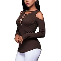 Women Solid Color Criss Cross V Neck Casual Long Sleeve Sweatshirt T-Shirts Sexy SlimOff Shoulder Tunic Tops