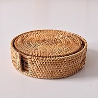 Handmade Natural Rattan Coasters with Holder, 6pcs Natural Wicker Boho Coasters Set, Heat-resistantDrink Coasters for Coffee Table Housewarming Gifts Hot Drinking Home Decor (3.94