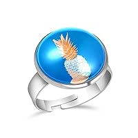 Pineapple Blue Adjustable Rings for Women Girls, Stainless Steel Open Finger Rings Jewelry Gifts