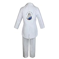Boy Kid Baptism White Tail Tuxedo Embroidery Silver Color Mary Pope on Back Sm-7