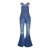 Kids Girls Denim Ripped Overalls Bell-Bottom Jeans Dungarees Jumpsuit Suspender Pants with Pockets