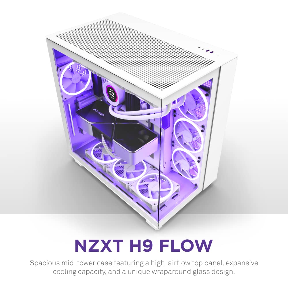 NZXT H9 Flow Dual-Chamber ATX Mid-Tower PC Gaming Case – High-Airflow Perforated Top Panel – Tempered Glass Front & Side Panels – 360mm Radiator Support – Cable Management – White