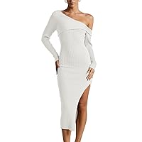 Women's Long Sleeve One Shoulder Bodycon Sweater Dress Slit Slim Fit Ribbed Knit Midi Dress