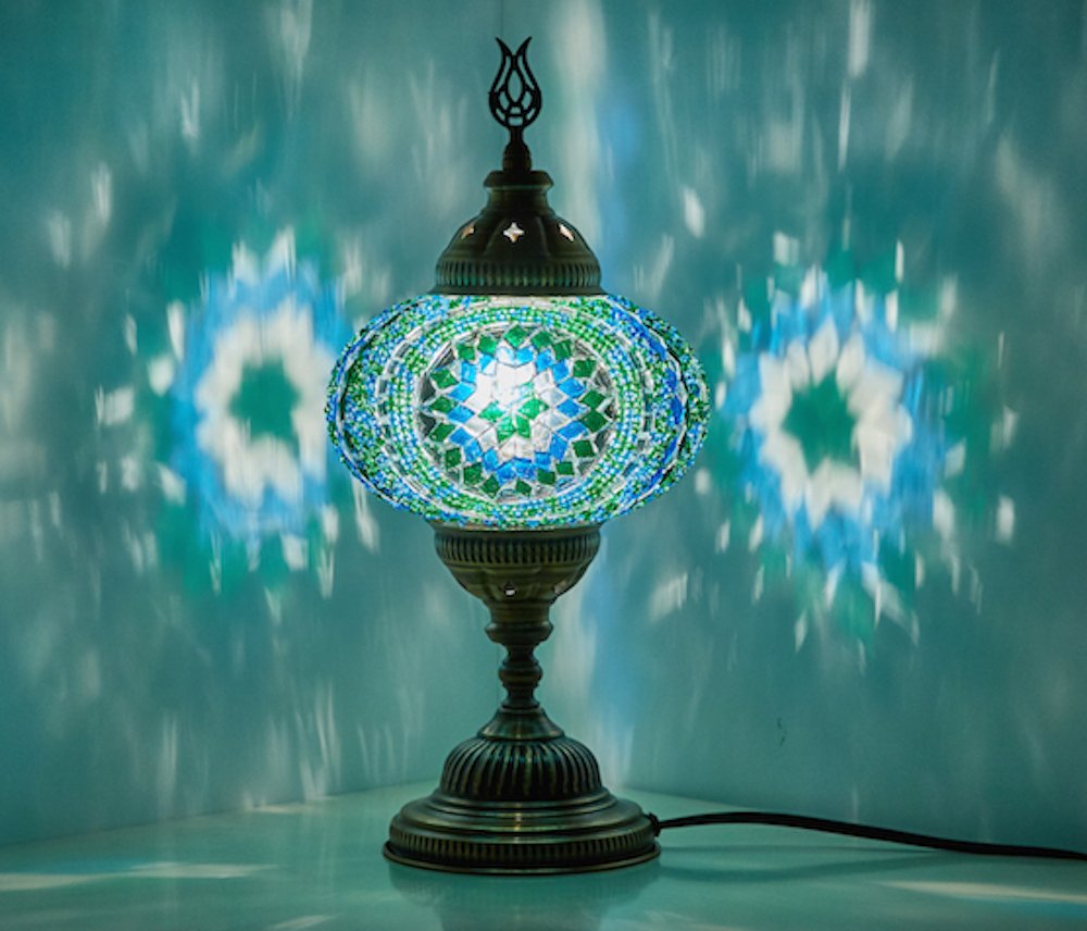 Demmex 2019 Turkish Moroccan Mosaic Table Bedside Night Tiffany Bedside Lamp for US Use, Teal,Turquoise,Green