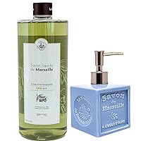 Maison Du Savon De Marseille - Olive Oil Liquid Soap with Blue Ceramic Soap Dispenser - 33 Fl Oz Refill and 10 Fl Oz Dispenser