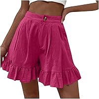 Womens Ruffle Shorts, High Waist Linen Shorts Summer Bermuda Short Casual Baggy Pants Zipper Button Pockets Short Pant