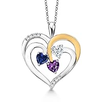 Gem Stone King 925 2-Tone Sterling Silver and White Blue Created Sapphire White Moissanite and Purple Amethyst Pendant Necklace For Women (1.34 Cttw, Heart Shape 5MM, 18 Inch Chain)