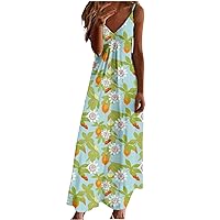 Women's Strap Dress Trendy Sleeveless Floral Print Stretchy Maxi Dress V Neck Comfy Backless Ankle Dress(B-Green,Large)