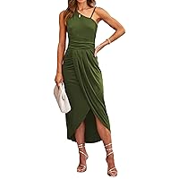 BTFBM Women Summer One Shoulder Dress 2023 Spaghetti Strap Sleeveless Ruched Wrap Slit Bodycon Party Casual Sundresses