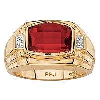 PalmBeach Jewelry Men's 18K Yellow Gold Plated Emerald Cut Created Red Ruby or Blue Sapphire and Diamond Accent Ring