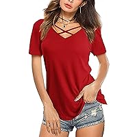 Womens Tops,Summer Short Sleeve V Neck Shirt Casual Sexy Solid Plus Size Loose Tees Top Fashion Blouse