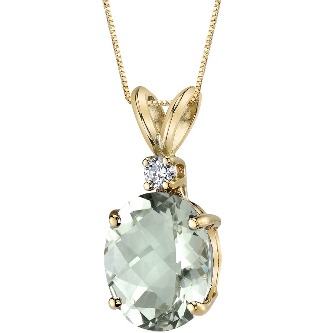Peora Green Amethyst with Genuine Diamond Pendant in 14K Yellow Gold, Elegant Solitaire, Oval Shape, 10x8mm, 2.30Carats total