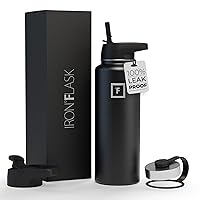 IRON °FLASK Sports Water Bottle - Wide Mouth with 3 Straw Lids - Stainless Steel Gym & Outdoor Bottles for Men, Women & Kids - Double Walled, Insulated Thermos, Metal Canteen - Midnight Black, 40 Oz
