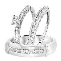 14K White Gold Over His/Her Wedding Trio Ring Set 3/8Ct Princess/Baguette Sim Diamond