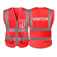 Visitor Safety Vest, 9 Pockets High Visibility Safety Vest With Reflective Strips-Red-XXL