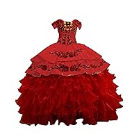 2024 Red Flowers Embroidery Gold Embellished Quinceanera Dress Off Shoulders Ball Gown Prom Formal Dress